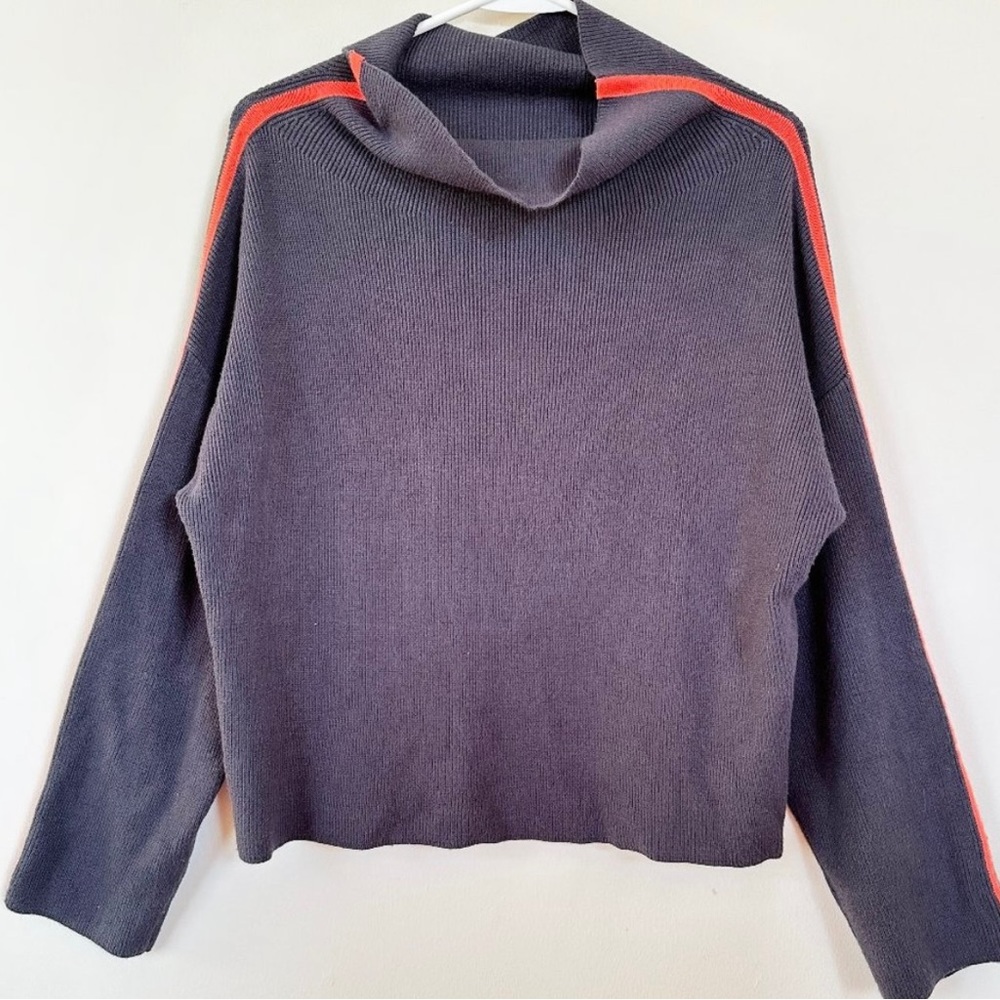 Anthropologie Racer Stripe Sleeve Mock Neck Boxy Knit Sweater Navy Blue MEDIUM